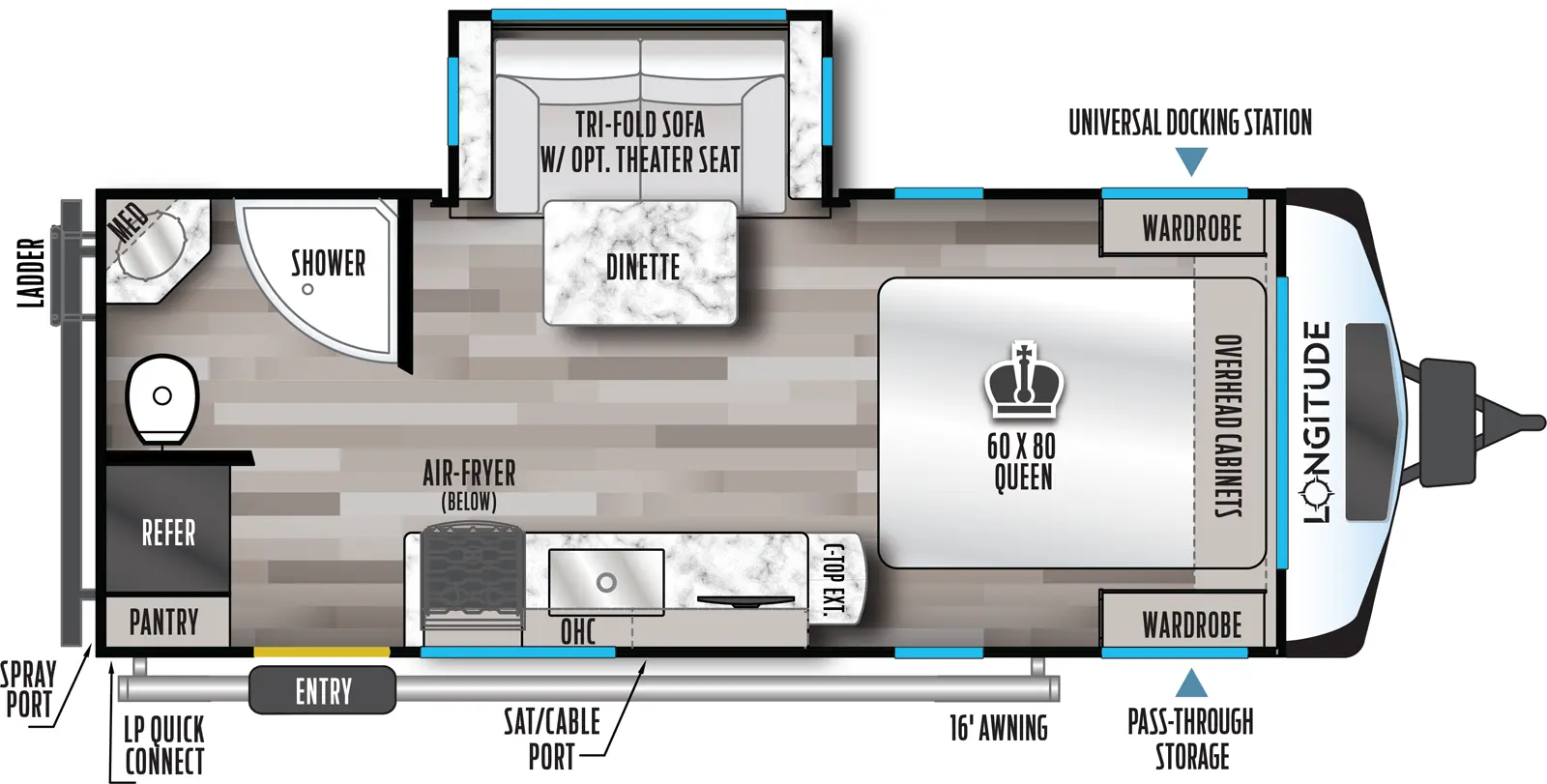 The 185RB has one slideout and one entry. Exterior features pass-thru storage, universal docking station, 16 foot awning, satellite/cable port, LP quick connect, rear spray port, and rear ladder. Interior layout front to back: foot-facing queen bed with overhead cabinets and wardrobes on each side; off-door side slideout with tri-fold sofa dinette with optional theater seat; door side countertop with extension, tv, sink, overhead cabinet, cooktop, air fryer below, and entry; rear off-door side full bathroom with medicine cabinet; rear door side pantry and refrigerator.